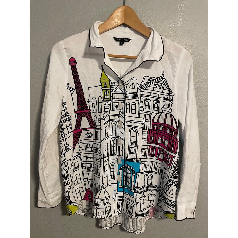 John Mark Button Up Womens Petite Small Paris Eiffel Tower Cityscape Artsy